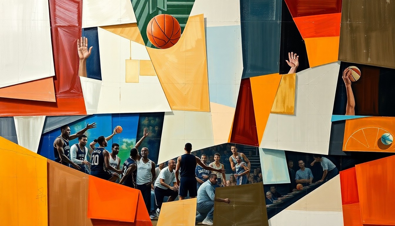 A cubist, geometric painting depicting fragmented, overlapping shapes and planes representing a basketball game or team operations, conveying a sense of complexity and uncertainty surrounding the Mavericks' GM search.