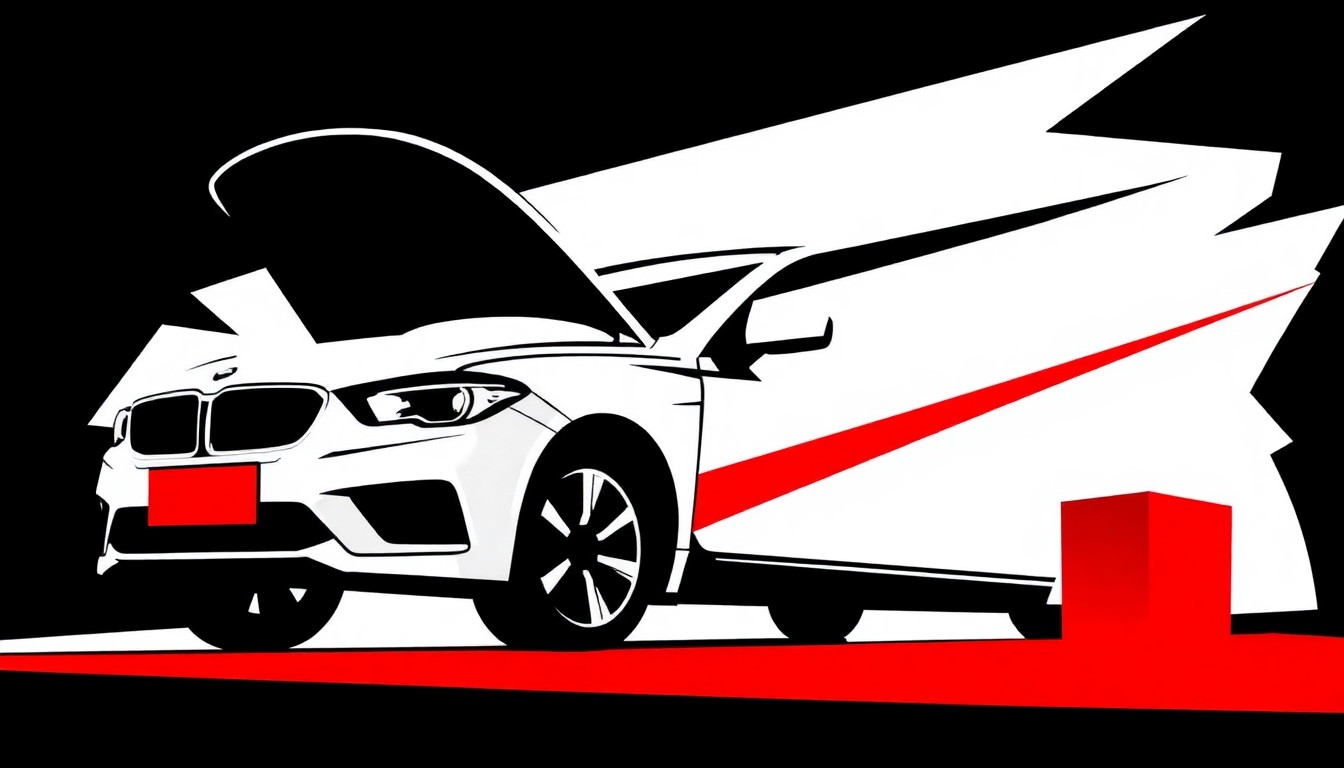 An abstract illustration using bold, geometric black shapes against a bright red background, conceptually representing the scrutiny of a car repair business.