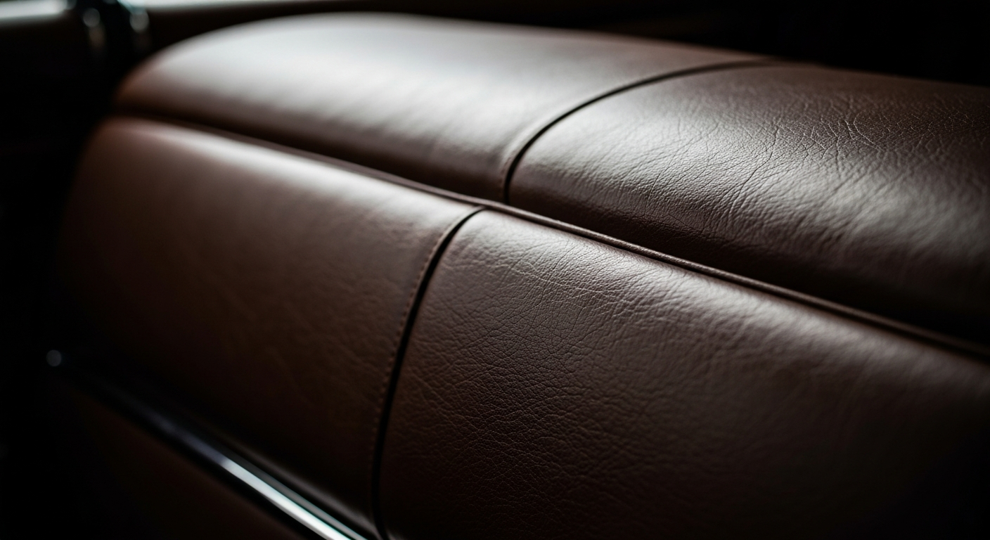 An extreme close-up of a car's leather interior, showcasing the intricate texture and rich colors in a dramatic, artistic manner.