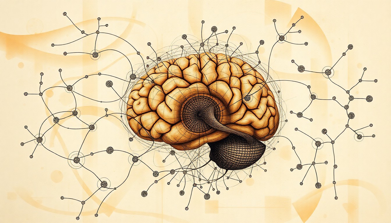 A highly textured abstract painting in muted earth tones, featuring sweeping arcs, concentric circles, and precise botanical spirals, conceptually representing the complex biological and chemical forces at work in the aging brain.