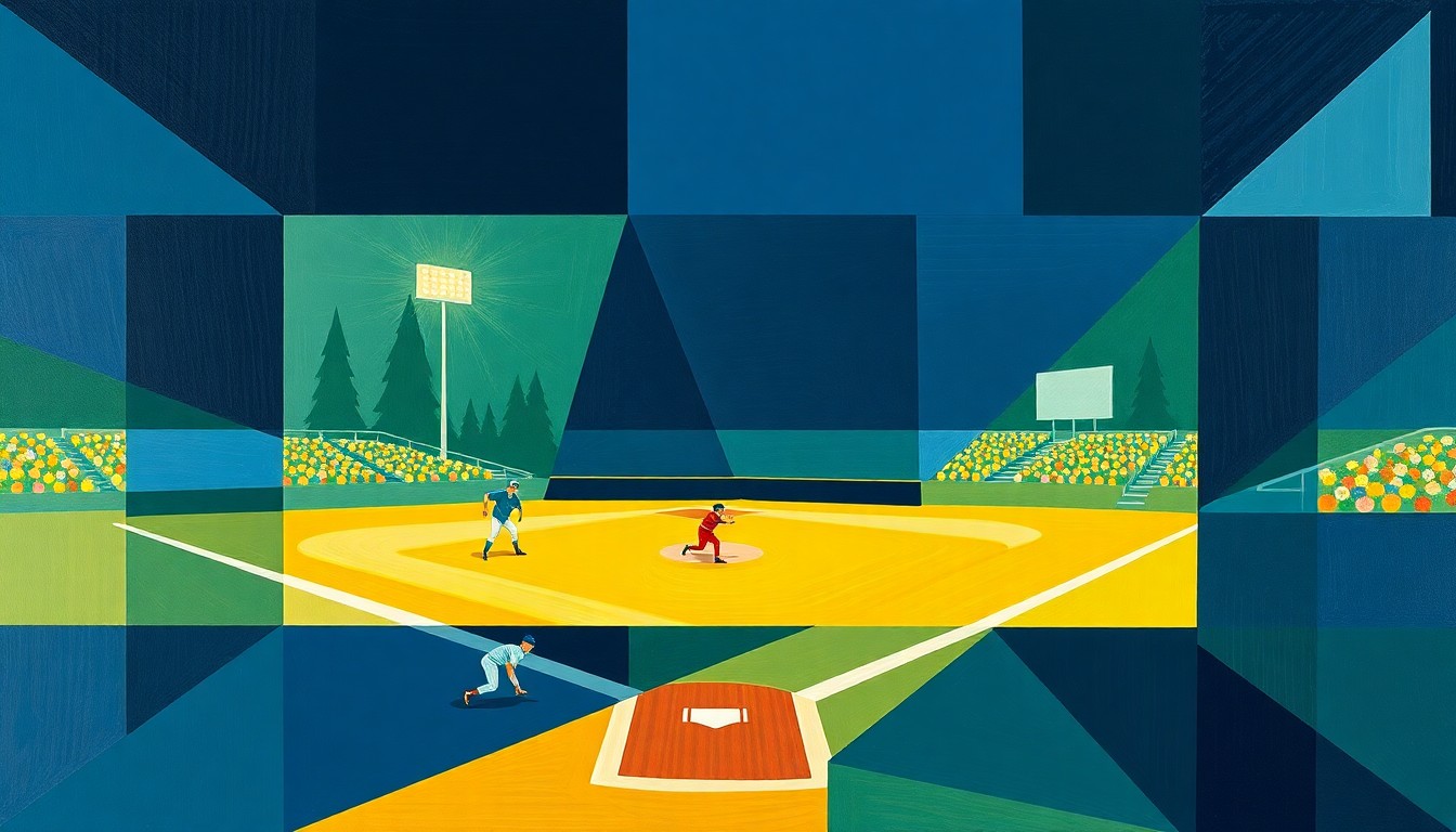 A cubist-style painting depicting a softball game broken down into fragmented geometric shapes and planes in shades of blue, green, and yellow, conveying the dynamic action and competitive spirit of the sport.