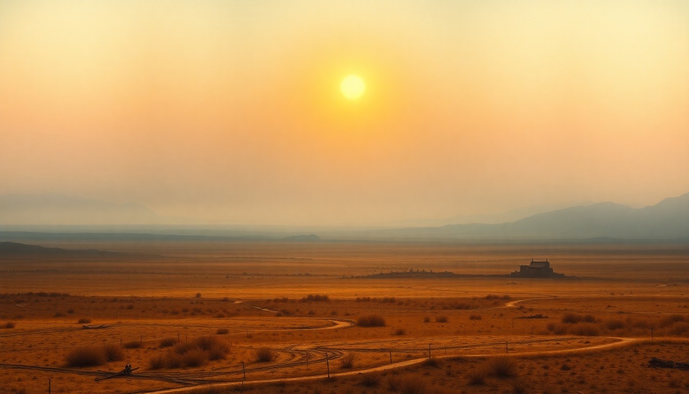A sweeping, atmospheric landscape painting in muted earth tones, with a distant horizon line and minimal human structures dwarfed by the vast, windswept field in the foreground.