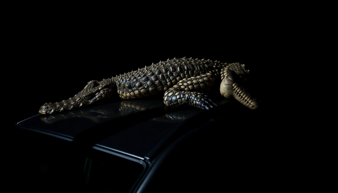 An extreme close-up of the textured, scaly skin of a dead alligator carcass, conceptually illustrating the illegal transport of protected wildlife.