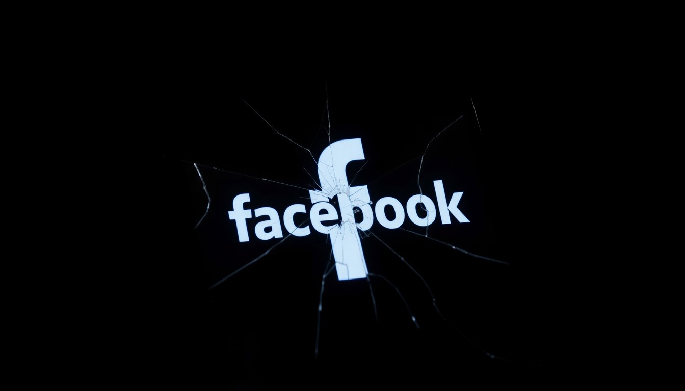 An extreme close-up photograph of a cracked smartphone screen reflecting a distorted Facebook logo, shot with a harsh, direct camera flash against a pitch-black background, conceptually representing the challenges of combating social media fraud.