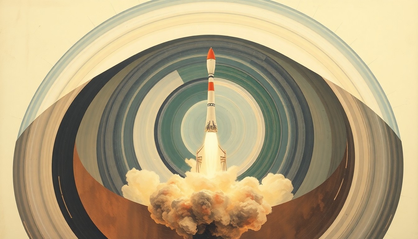 A highly structured abstract painting in soft blues, greens, and grays, featuring sweeping geometric arcs, concentric circles, and precise mechanical spirals, conceptually representing the complex engineering and forces involved in a reusable rocket launch and landing.