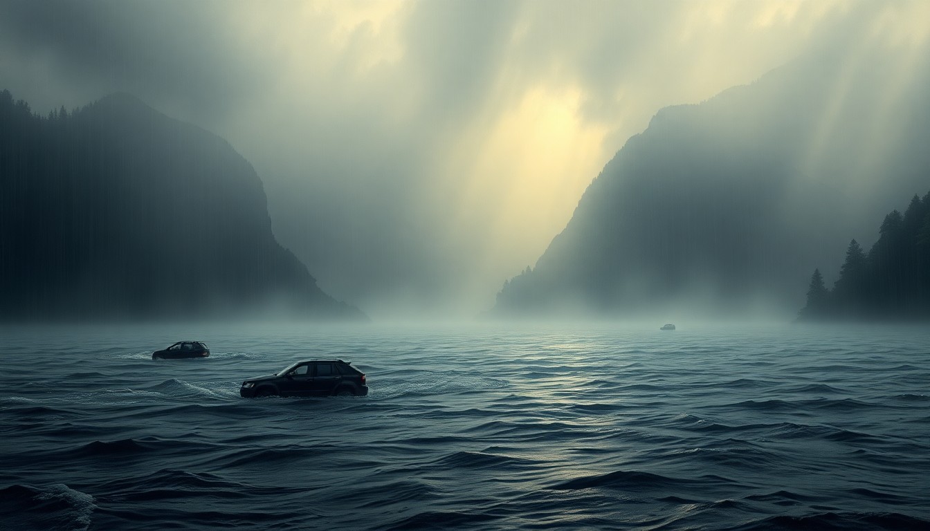 A vast, atmospheric landscape painting in muted tones of gray, blue, and green, depicting a flooded rural area with only the tops of buildings and trees visible above the swelling waters. The scene conveys a sense of the overwhelming power and scale of the natural disaster unfolding.