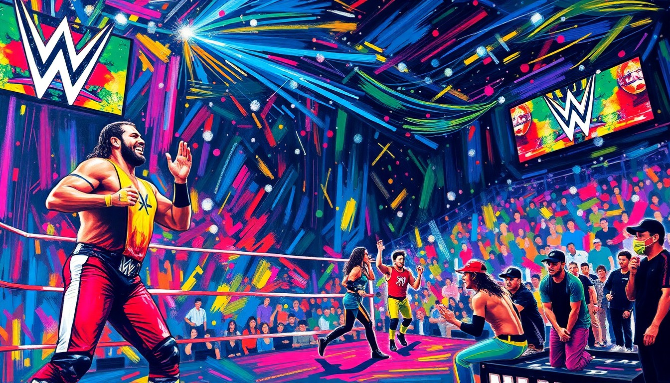 An abstract, expressionist painting in neon colors depicting the dynamic energy and movement of professional wrestlers and sports stars at a WWE event, without any identifiable individuals or text.