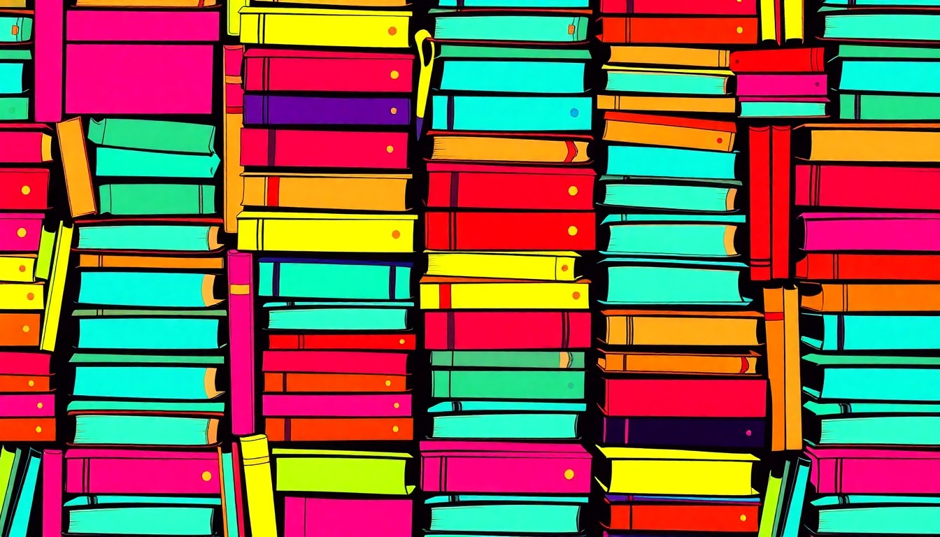 A vibrant, abstract silkscreen print composed of repeating images of school supplies like textbooks, pencils, and notebooks in a grid pattern, conceptually representing the evolving educational needs and priorities of the Bemidji community.