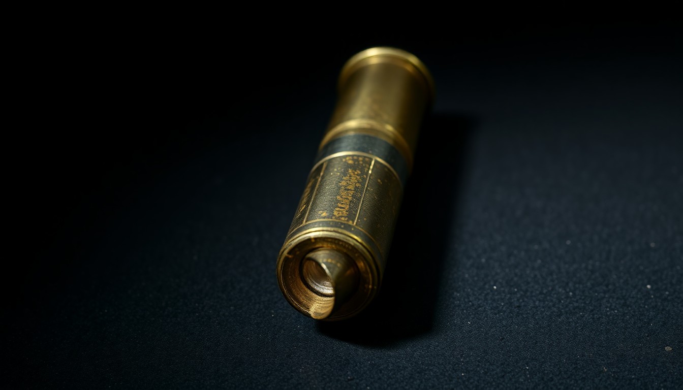 An extreme close-up of a spent shell casing reflecting a bright, harsh light, conceptually illustrating the aftermath of a shooting incident.