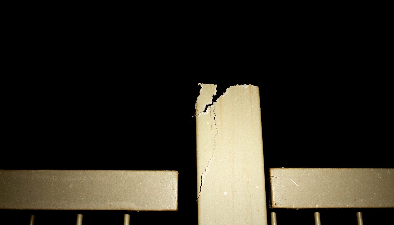 An extreme close-up photograph of a damaged metal fence post or gate, lit by a harsh, direct camera flash against a pitch-black background, creating a stark, gritty, investigative aesthetic.