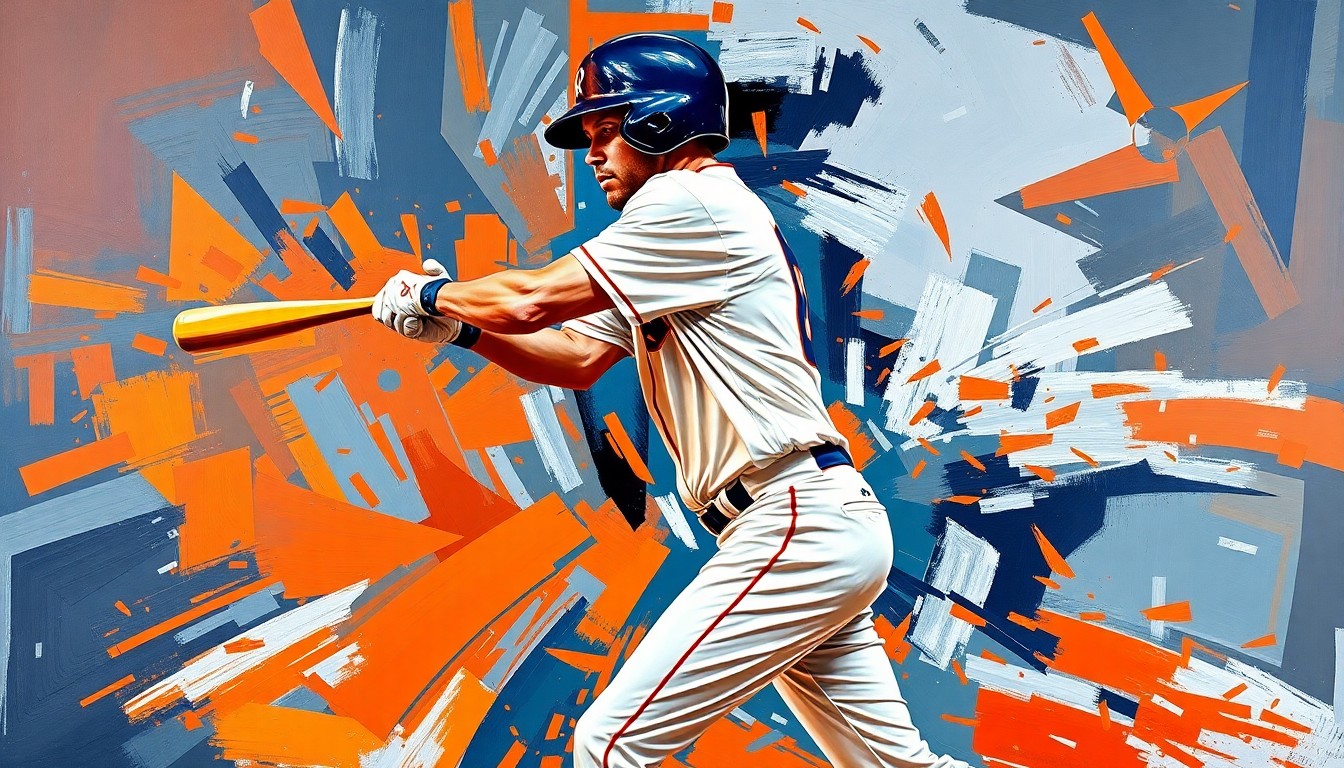 A fractured, geometric painting in the style of Pablo Picasso, depicting the motion of a baseball player swinging a bat. Vibrant colors of orange, navy blue, and white create an abstract, dynamic composition.