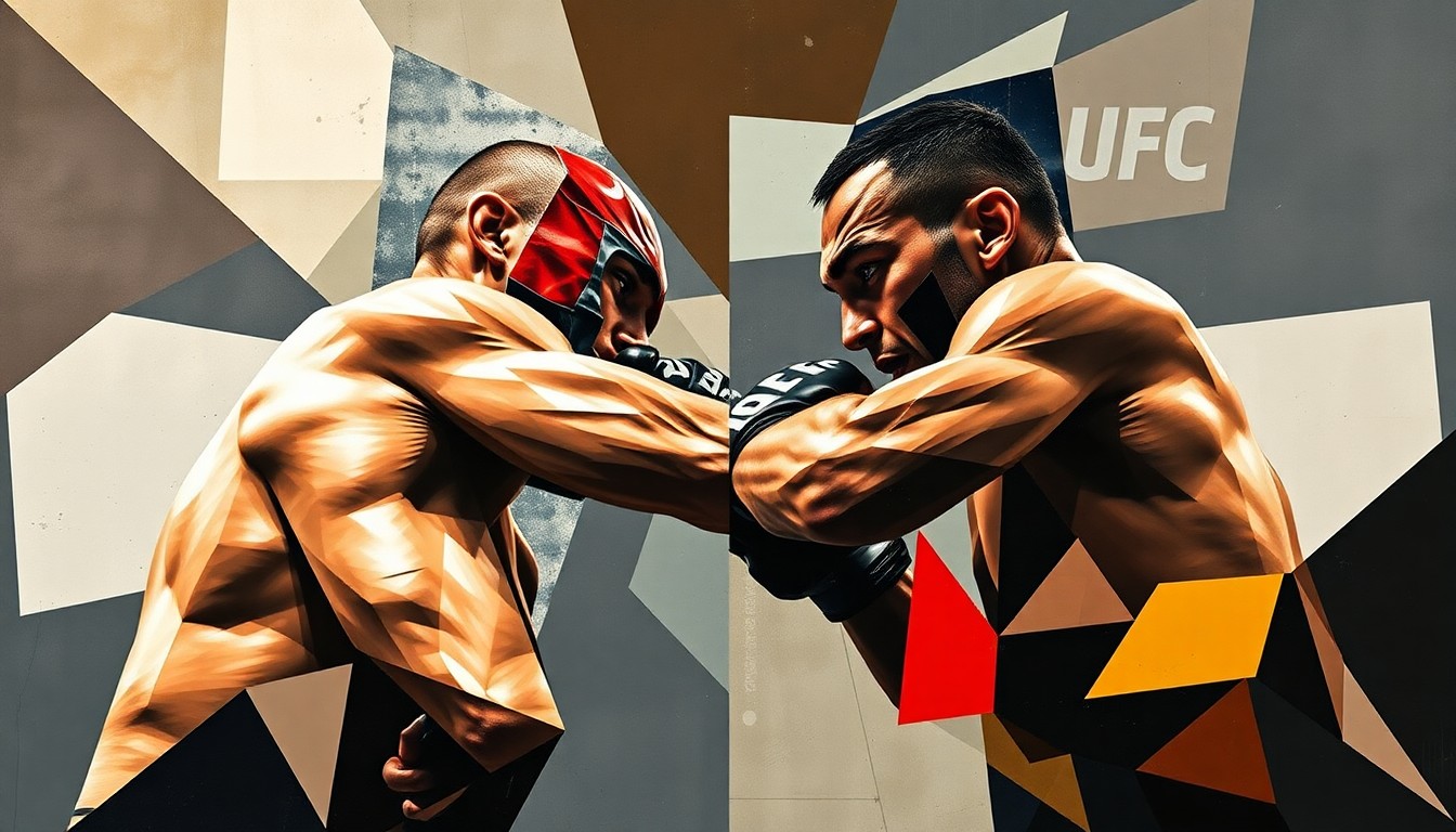 A fragmented, geometric painting depicting the forms of two UFC fighters engaged in combat, their bodies broken down into sharp, overlapping planes of color and abstract shapes, conveying the intensity and dynamism of the matchup.