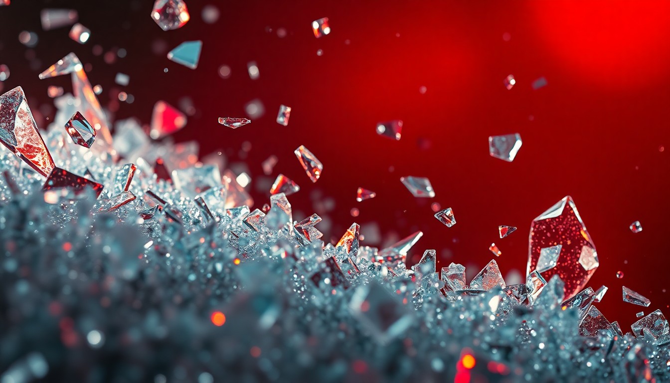 An abstract close-up photograph of shattered glass and glittering shards, capturing the fragility and emotional intensity of the animated stories presented at the film festival.