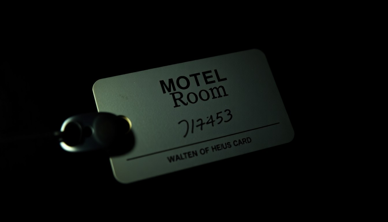 An extreme close-up photograph of a motel room key card or other physical evidence related to the crime scene, lit by a harsh, direct camera flash against a pitch-black background, conveying a stark, gritty, investigative aesthetic.
