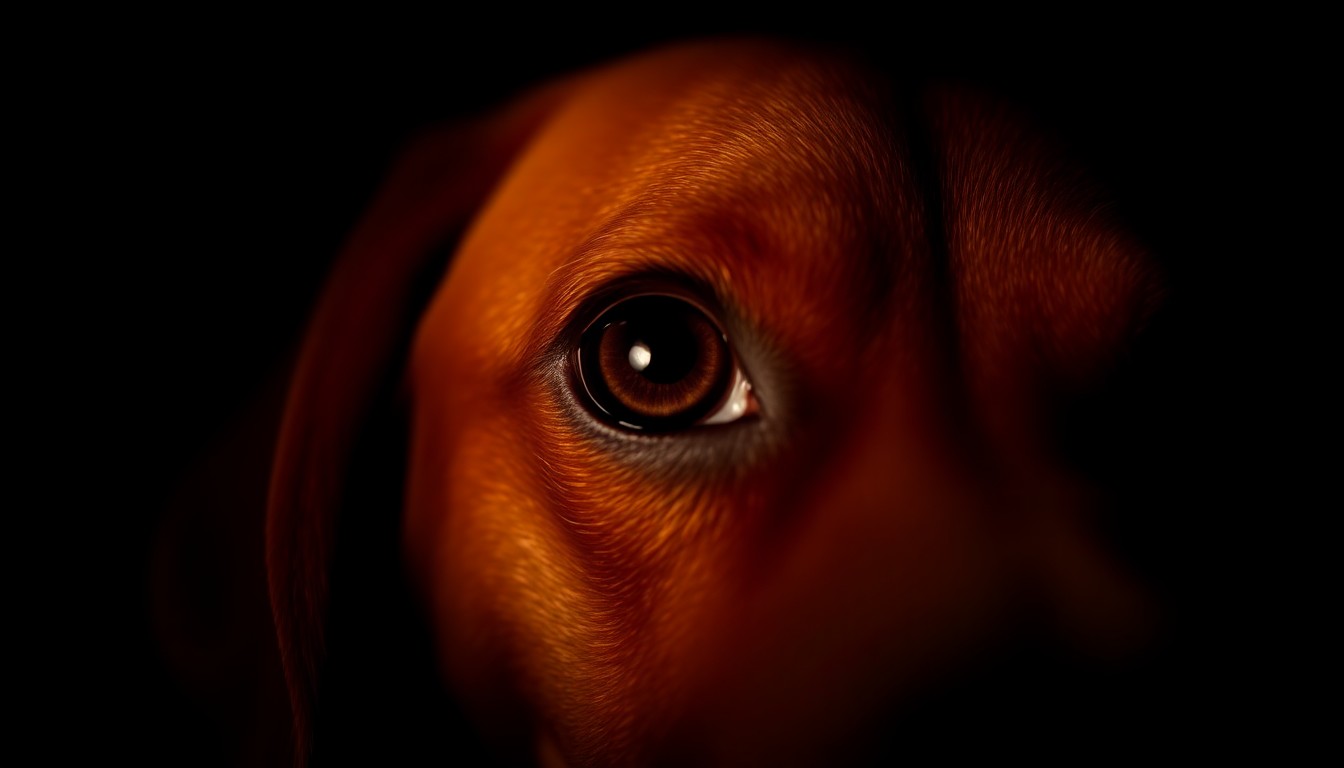 An extreme close-up photograph of a beagle's eye, reflecting the harsh light of a camera flash against a pitch-black background, capturing the intensity and drama of the confrontation between protesters and police without depicting any violence or gore.