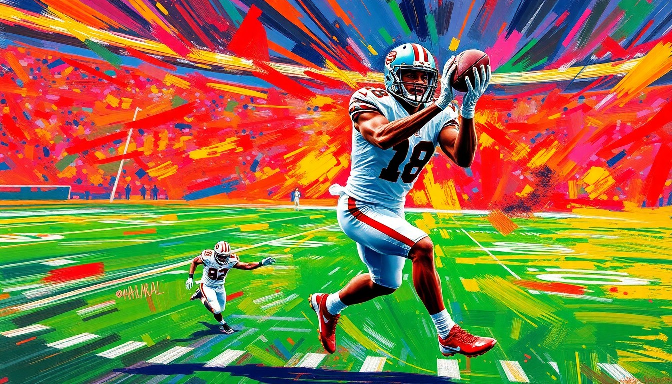 An abstract, energetic painting using vibrant brushstrokes and neon colors to capture the dynamic movements and raw athleticism of a football player making a catch, conveying the excitement and promise of a young talent's breakout moment.