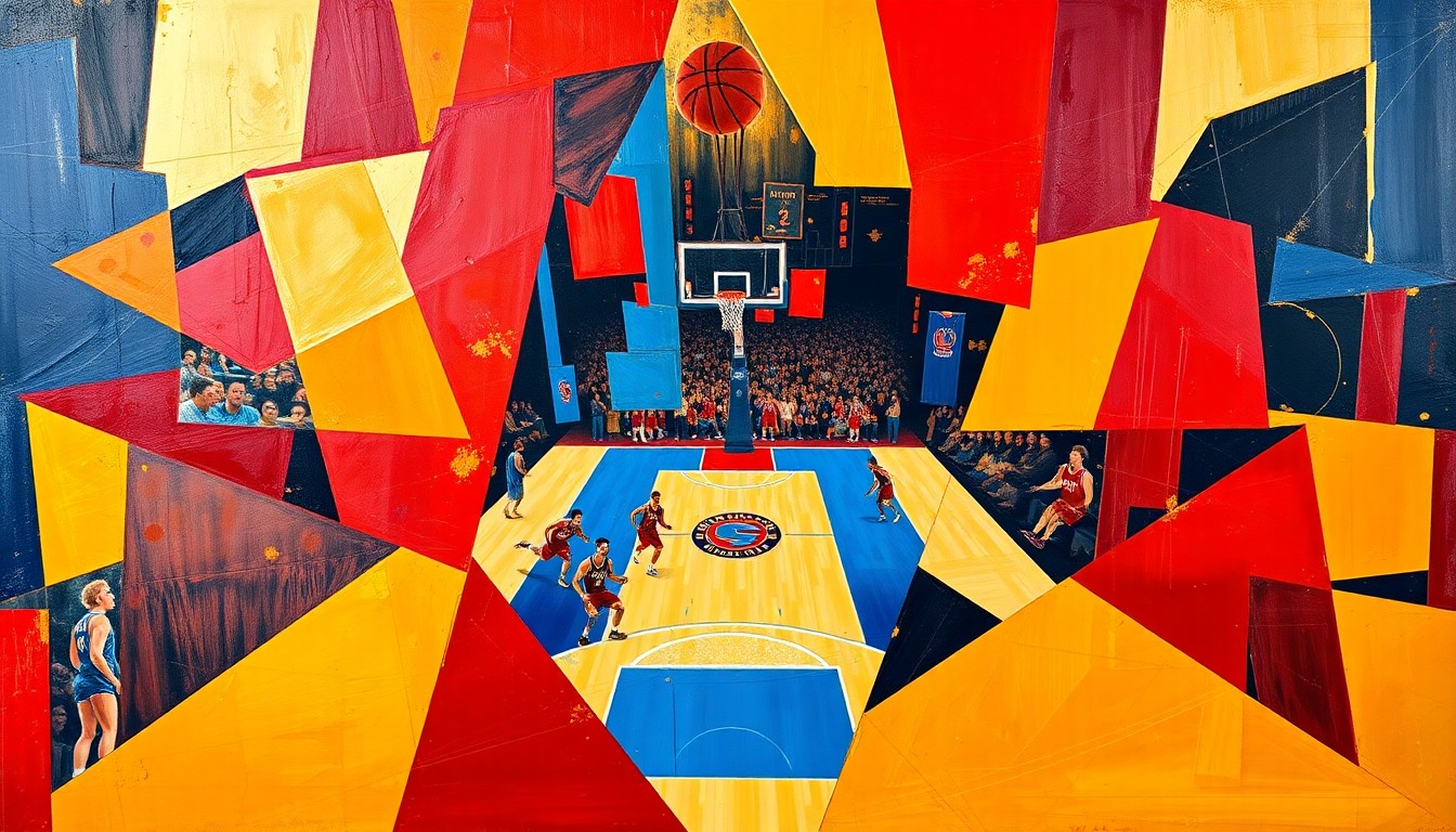 A cubist, geometric painting depicting a basketball game broken down into overlapping, angular planes of navy blue, crimson red, and gold, capturing the dynamic energy and potential of the Gophers' new three-point shooting lineup.