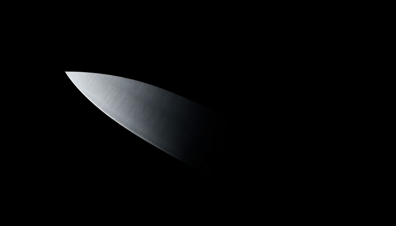An extreme close-up of a single knife blade against a pitch-black background, lit by a harsh, direct camera flash, conceptually illustrating the violence of the stabbing incident.