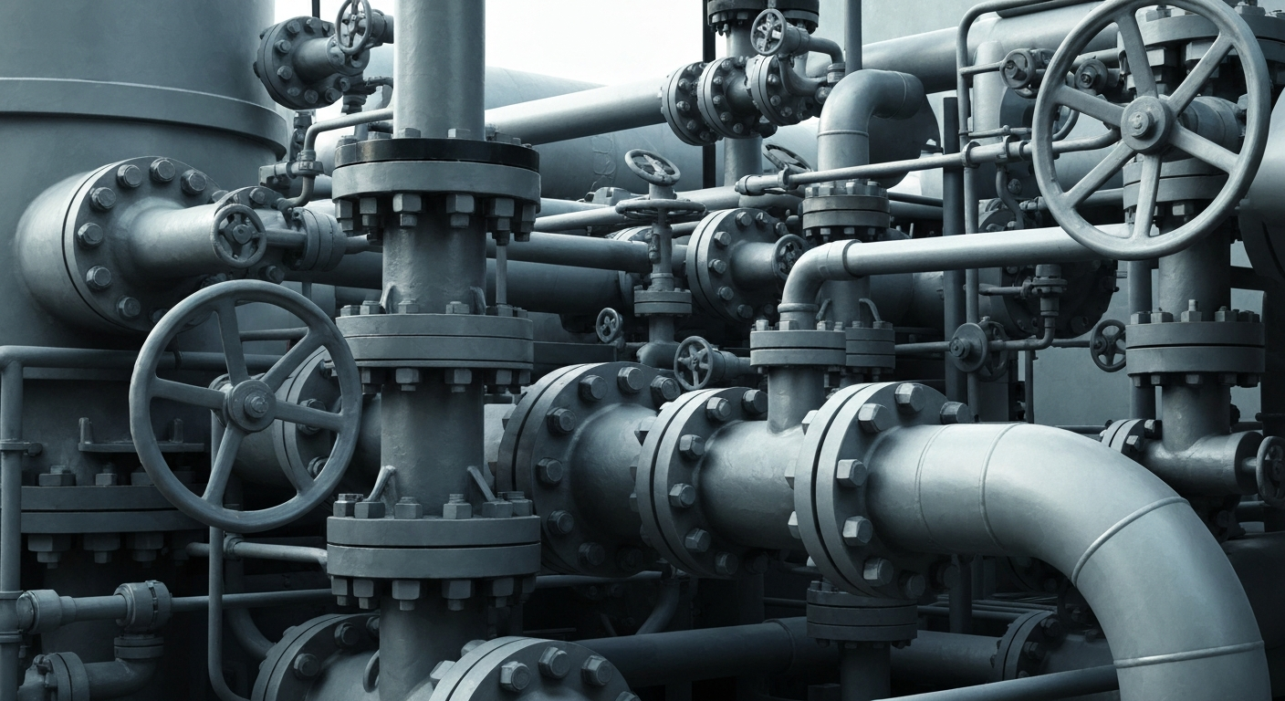 An extreme close-up of a tangle of industrial pipes, valves, and machinery in muted shades of grey, black, and steel blue, conveying the heavy, physical nature of the energy industry's financial infrastructure at the heart of the allegations against New Era Energy.