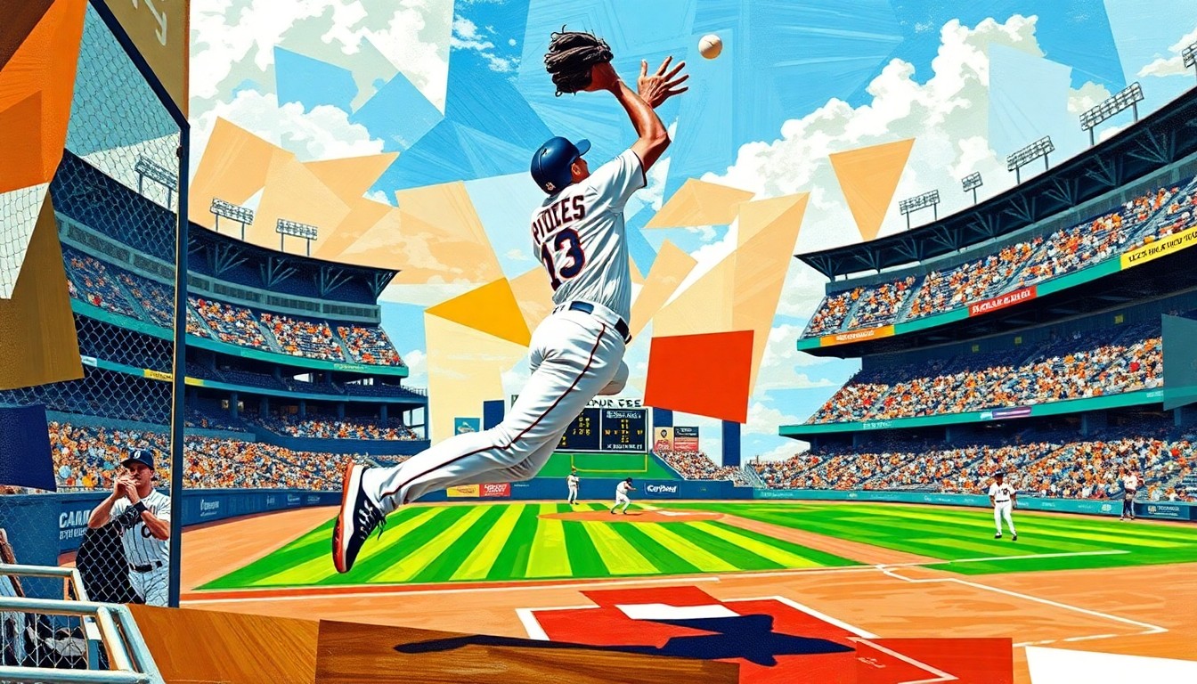 A cubist-style painting depicting a Padres outfielder making a leaping catch at the wall, the player's body and the baseball stadium broken into sharp, overlapping geometric shapes in a vibrant color palette.