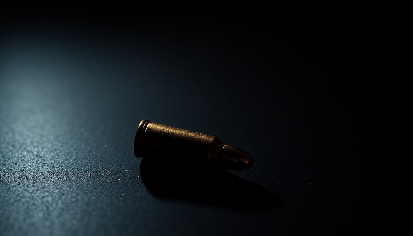 An extreme close-up photograph of a single spent bullet casing on a dark, shadowy surface, lit by a harsh, direct camera flash, conceptually representing the gun violence that struck a 16-year-old girl in San Antonio.
