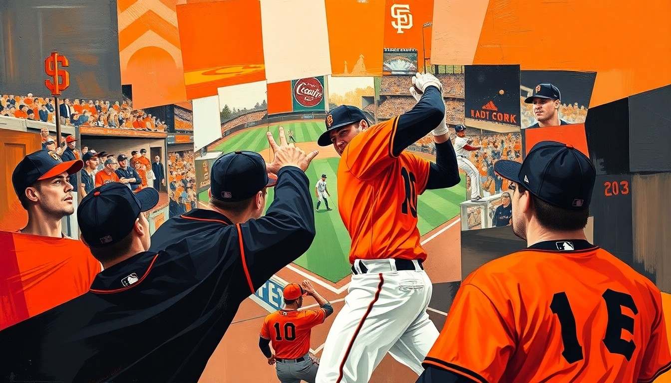 A fragmented, geometric painting depicting a baseball player's motion, with sharp planes of orange and black colors representing the Giants' uniform.