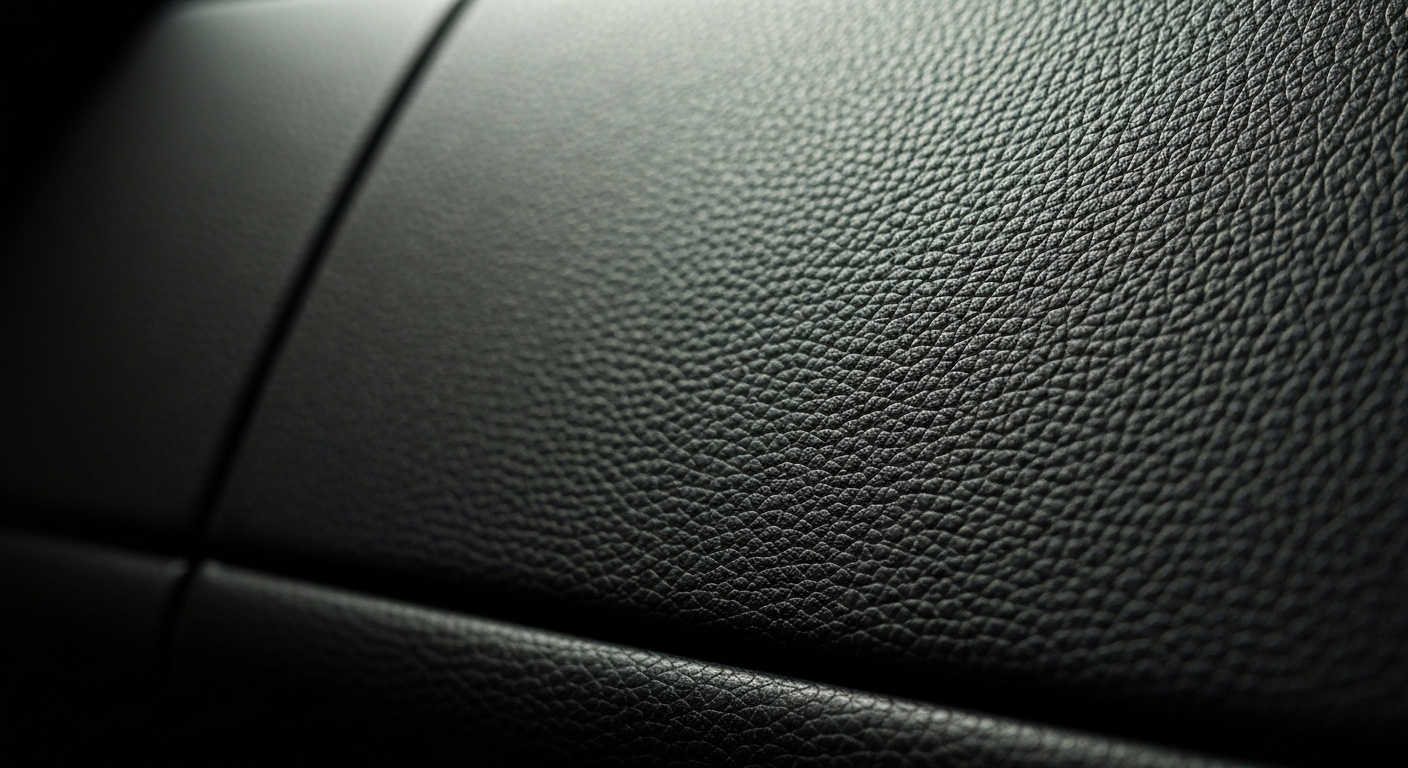 An extreme close-up of the textured leather interior of a luxury rental car, lit dramatically to reveal the rich colors and pebbled surface, conceptually illustrating the industry's focus on luxury, technology, and regulatory compliance.