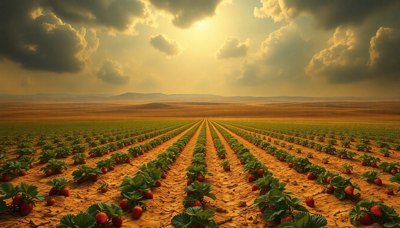 A sweeping, atmospheric landscape painting in muted earth tones, depicting a vast, sun-scorched field of strawberry plants under a hazy, oppressive sky, conveying the overwhelming scale and vulnerability of the natural environment in the face of extreme drought conditions.
