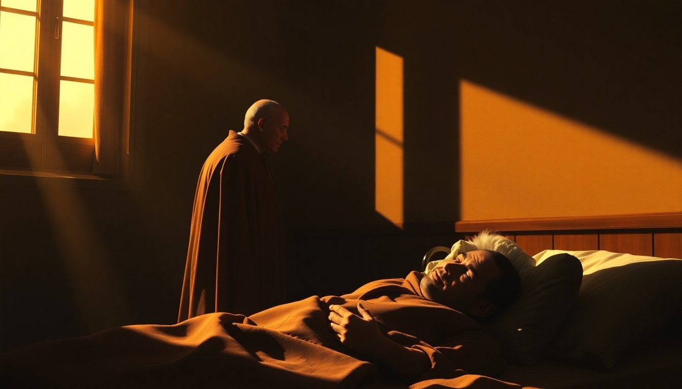 A cinematic painting of a solitary political figure in a long robe placing their hand on the forehead of a sick person, bathed in warm, diagonal sunlight and deep shadows, conceptually representing the controversy over the use of AI-generated imagery in political discourse.