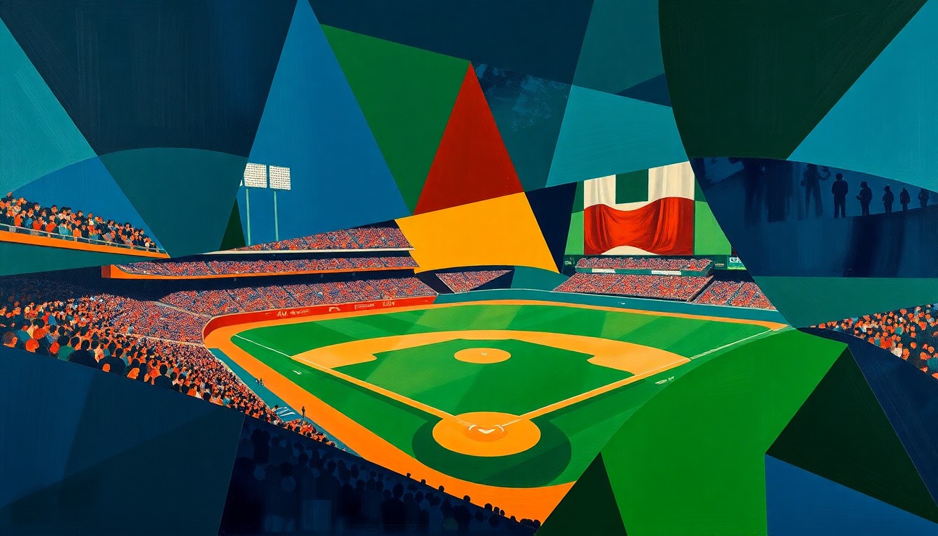 A cubist-style painting featuring sharp, overlapping geometric shapes in navy, green, and orange, conceptually representing the disruption of a postponed baseball game.