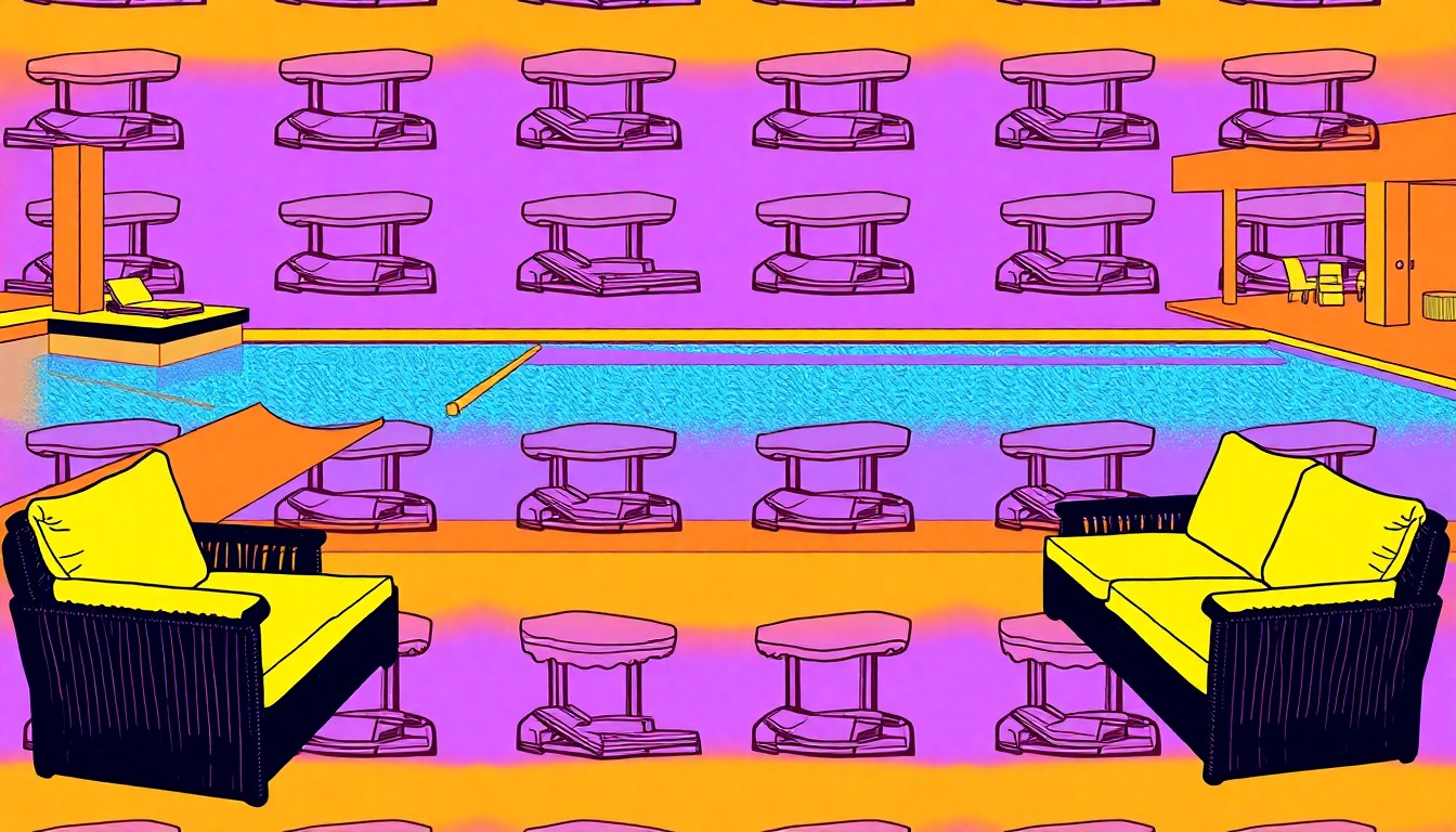 A high-contrast, silkscreen-style illustration featuring a repeating pattern of a sparkling swimming pool surrounded by lush greenery, rendered in a bold, neon color palette that captures the sophisticated yet playful spirit of this luxury property.