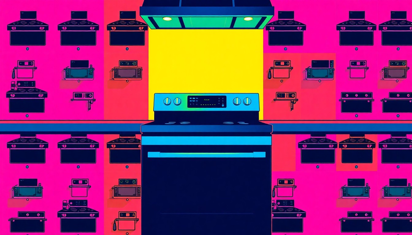 A bold, graphic illustration of a luxury kitchen appliance, such as a gas cooktop or built-in oven, repeated in a grid pattern with a neon color palette and heavy black outlines, creating a modern pop art effect.