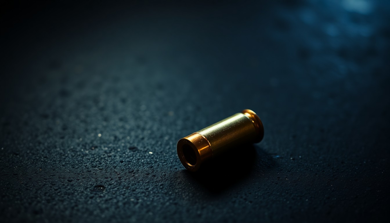An extreme close-up photograph of a single spent bullet casing on a dark, textured surface, lit by a harsh, direct camera flash, conceptually representing the aftermath of a fatal domestic shooting incident.