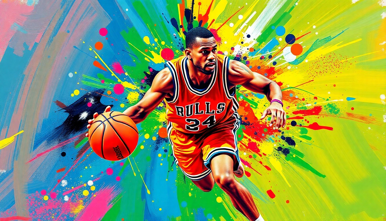 An extreme close-up of a basketball player mid-dribble, their face and jersey dissolving into vibrant, expressive brushstrokes of neon paint, conceptually representing the determined focus and raw athletic energy of an NBA player's offseason training.