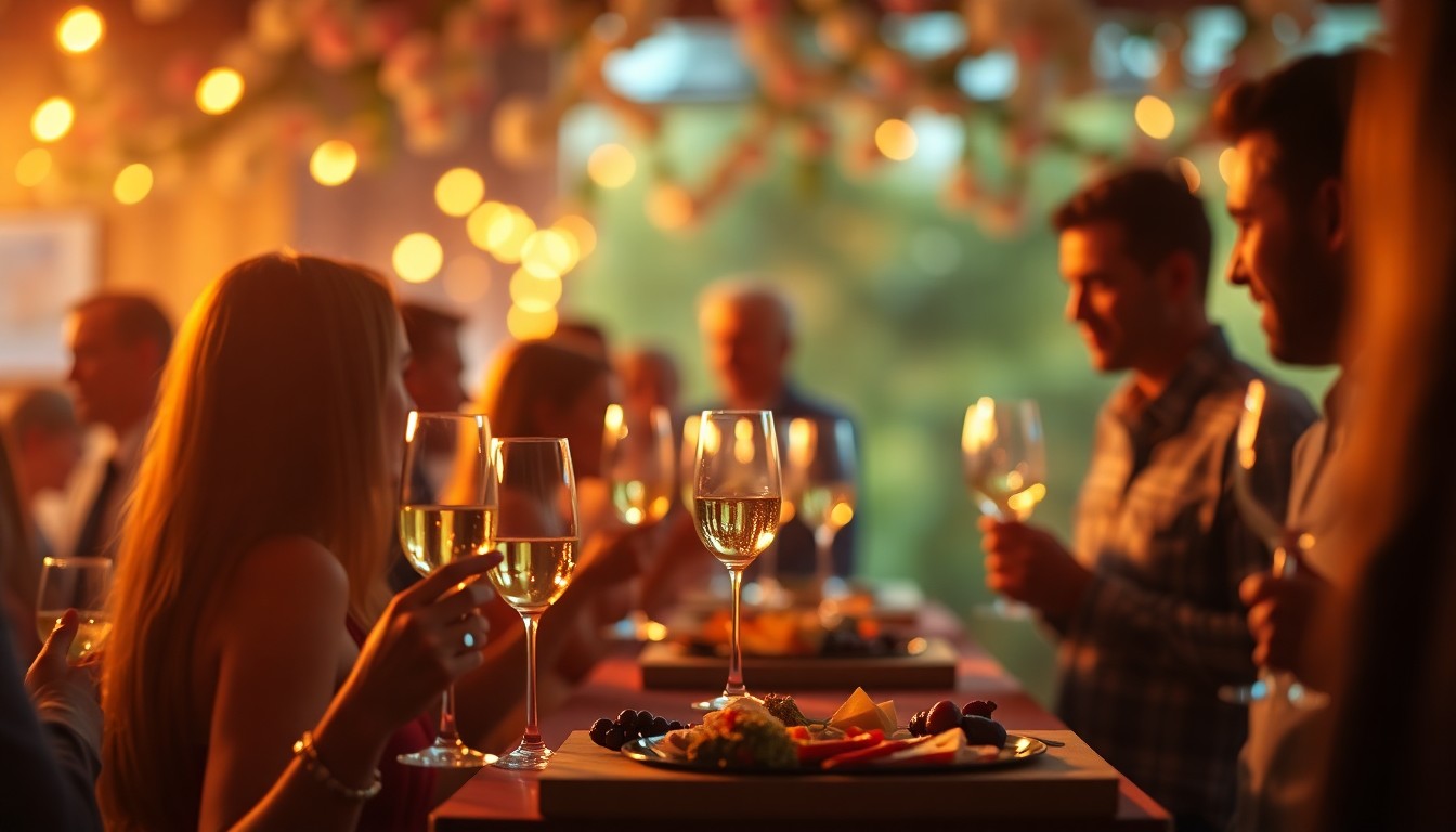 An abstracted, out-of-focus photograph in soft, warm tones depicting the blurred silhouettes of people enjoying glasses of sparkling wine and trays of charcuterie, conceptually representing the festive atmosphere of a spring wine tasting event.