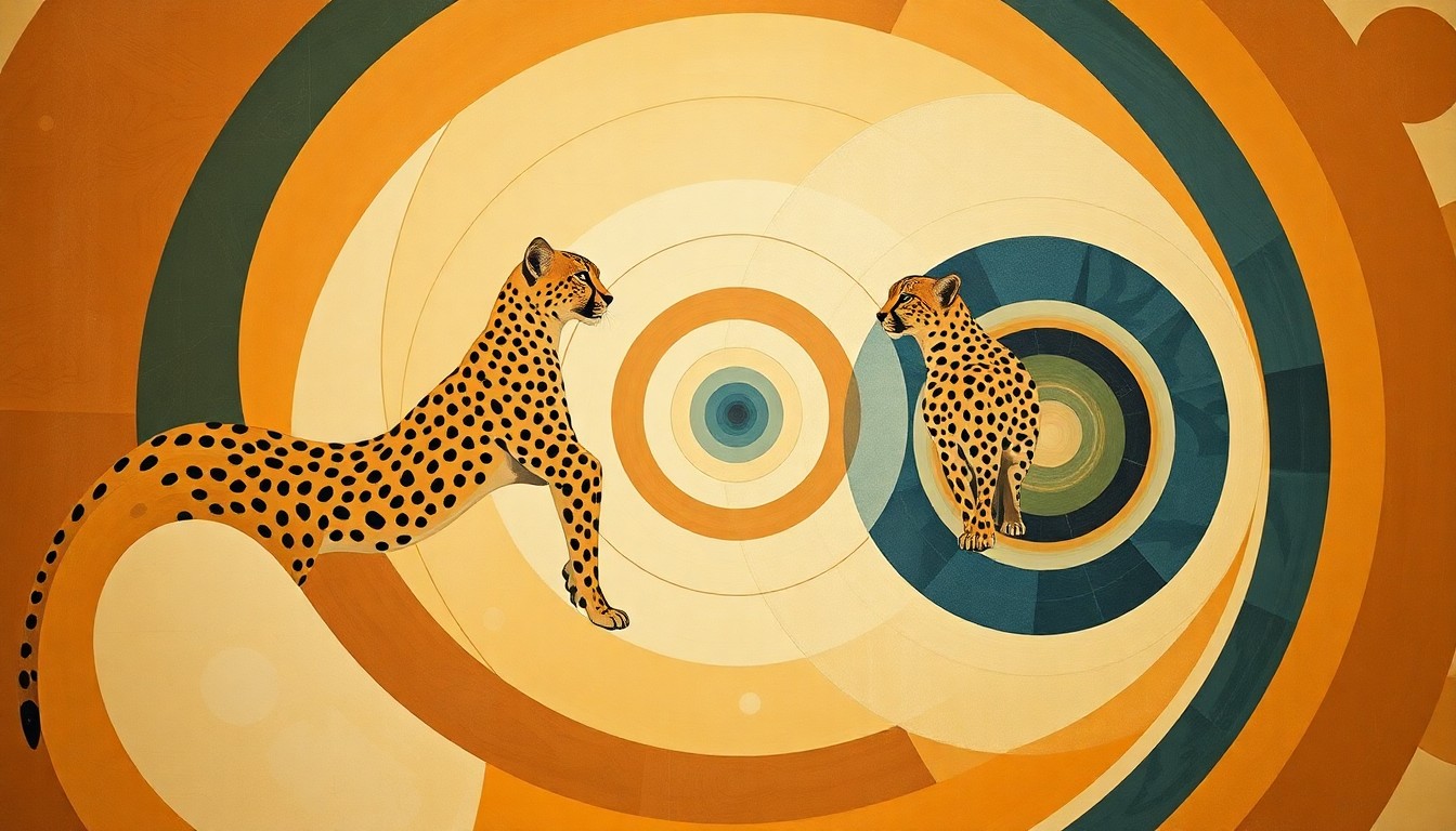 A bold, abstract painting in earthy tones depicting intricate biological structures and forces, representing the complex scientific advancements enabled by Kibibi's participation in cheetah conservation efforts.