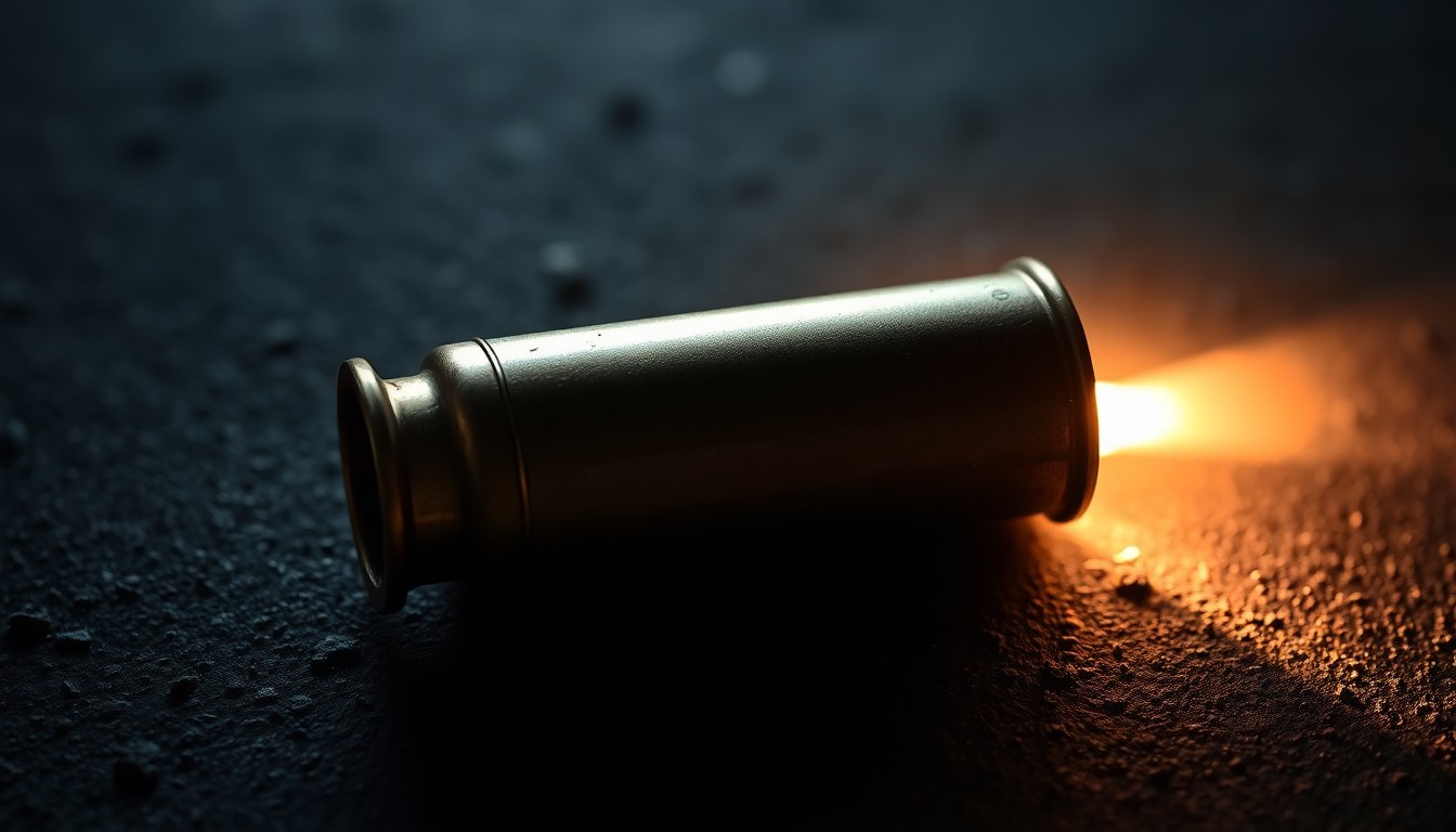 An extreme close-up photograph of a spent shell casing on a dark, textured surface, lit by a harsh, direct camera flash, conceptually illustrating the evidence of a shooting incident.