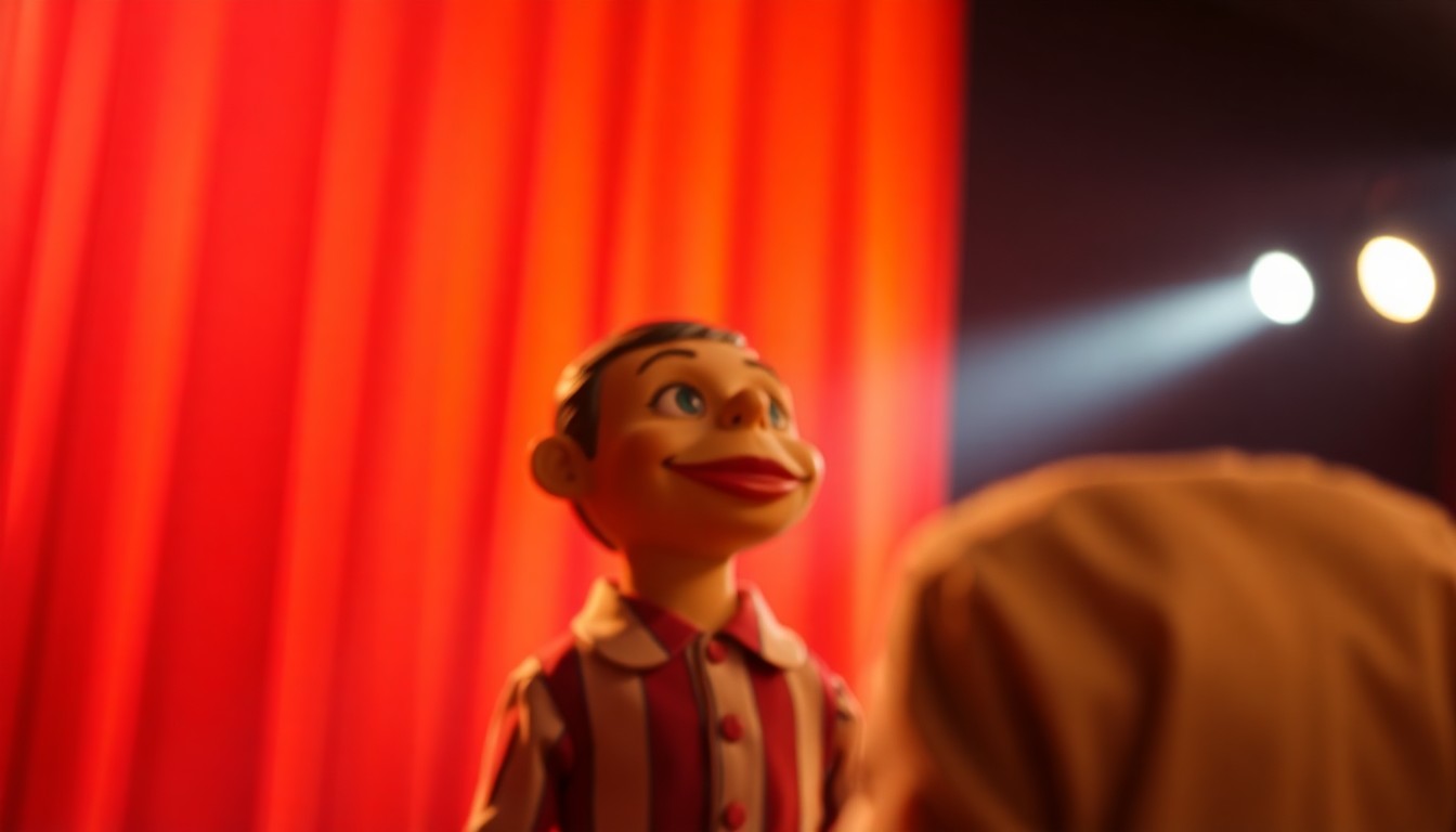 A blurred, abstract photograph in warm, soft tones depicting the faint outline of a ventriloquist's dummy on a stage, with the silhouette of a performer in the background, conceptually illustrating the fusion of technology and traditional performance.