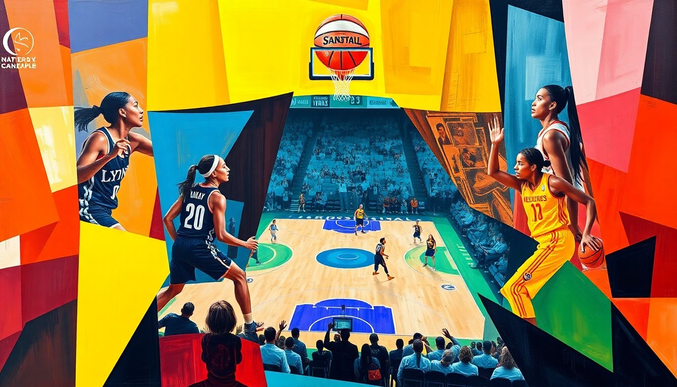 A fractured, cubist-style painting depicting a WNBA basketball game, with sharp geometric shapes and planes in the vibrant colors of the Minnesota Lynx and their opponents, capturing the dynamic energy and uncertainty of the team's offseason.