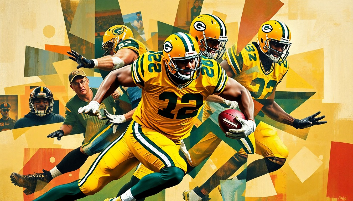 A cubist-style painting depicting a Packers edge rusher in action, with the player's movements and form broken down into sharp, overlapping geometric shapes and planes, creating a dynamic and fragmented visual representation of the position's importance to the team.