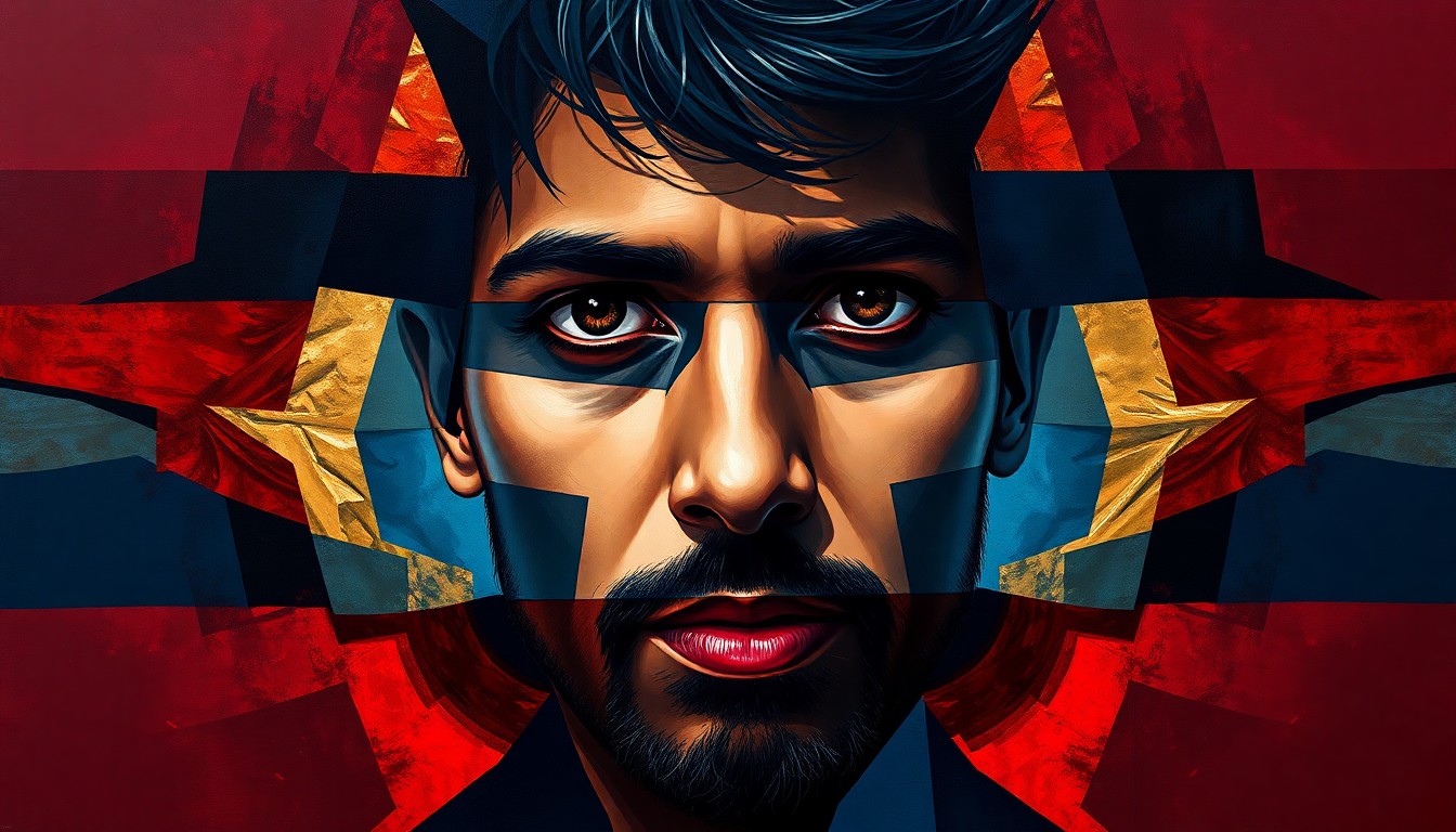 A fragmented, abstract painting of Kash Patel's face in shades of blue, red, and gold, conveying a sense of instability and chaos through the overlapping geometric shapes and patterns.