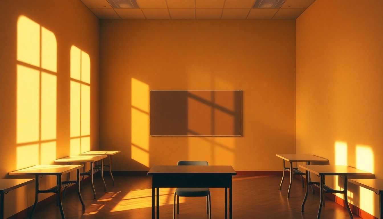 A quiet, cinematic painting of an empty classroom at Florida Atlantic University, with a single student desk in the foreground bathed in warm, diagonal sunlight and deep shadows, conceptually representing the importance of Holocaust education and remembrance.