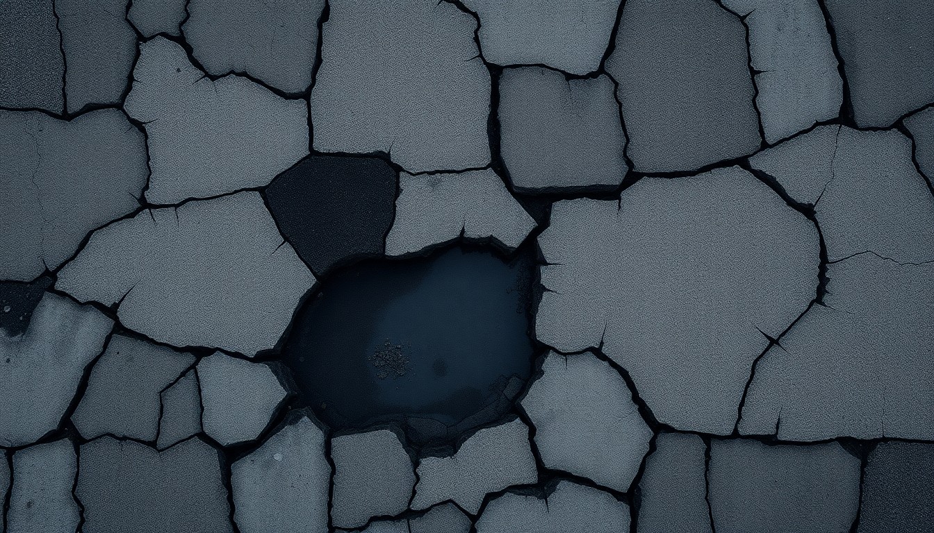 A conceptual editorial illustration depicting a fractured, geometric painting of a pothole-filled city street in overlapping waves of dark grey, asphalt black, and cracked concrete textures, conveying a sense of urban decay and infrastructure neglect.