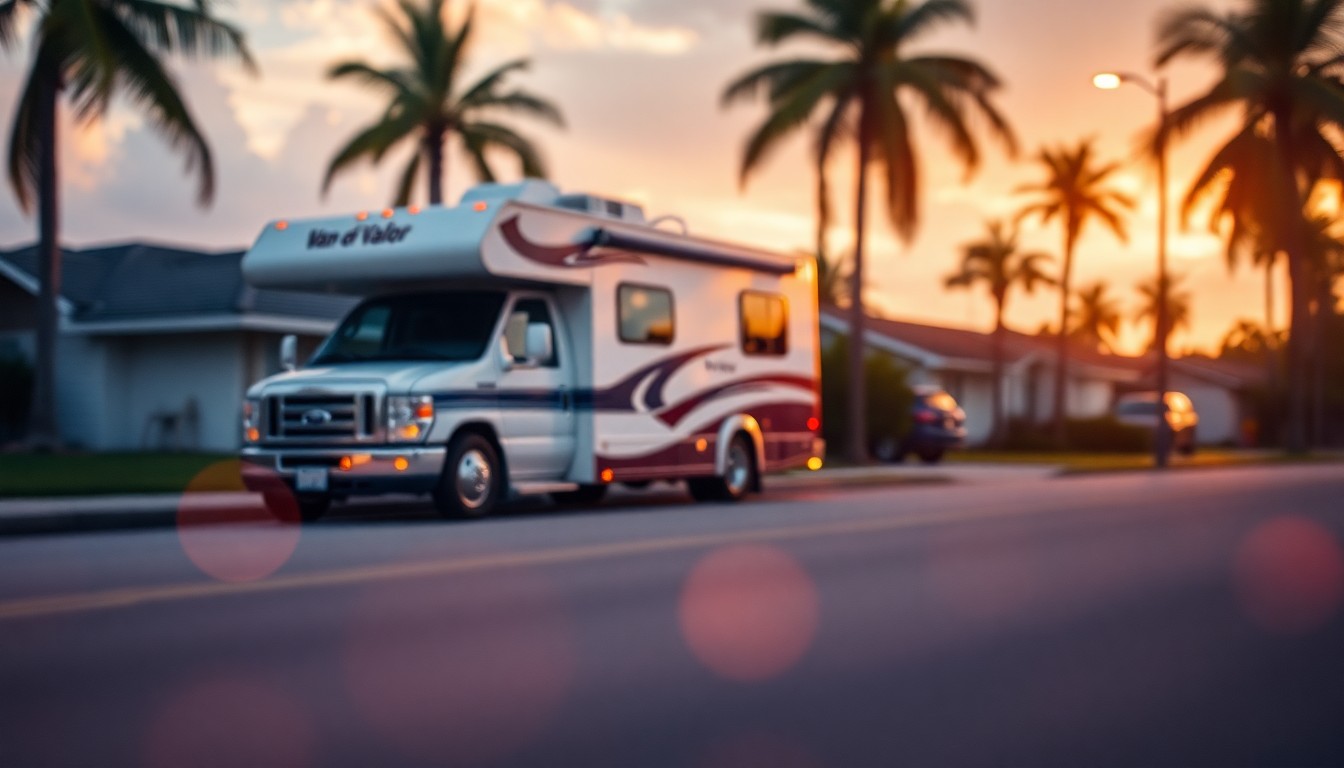 An extremely abstracted, out-of-focus photograph of a parked RV in soft, warm pools of light and color, conceptually representing a traveling exhibit honoring veterans.