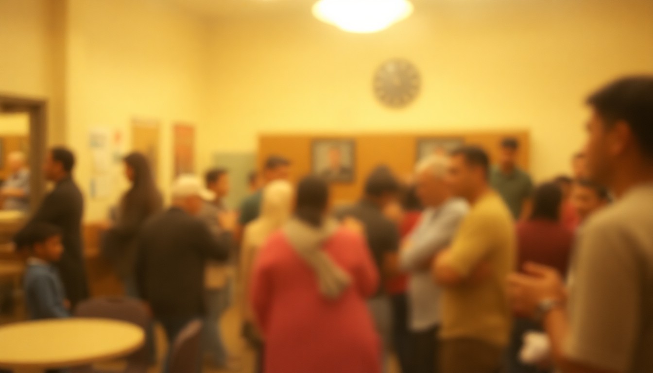 An abstract, impressionistic scene of blurred figures gathered in a warm, softly lit community space, conveying a sense of inclusivity and support.