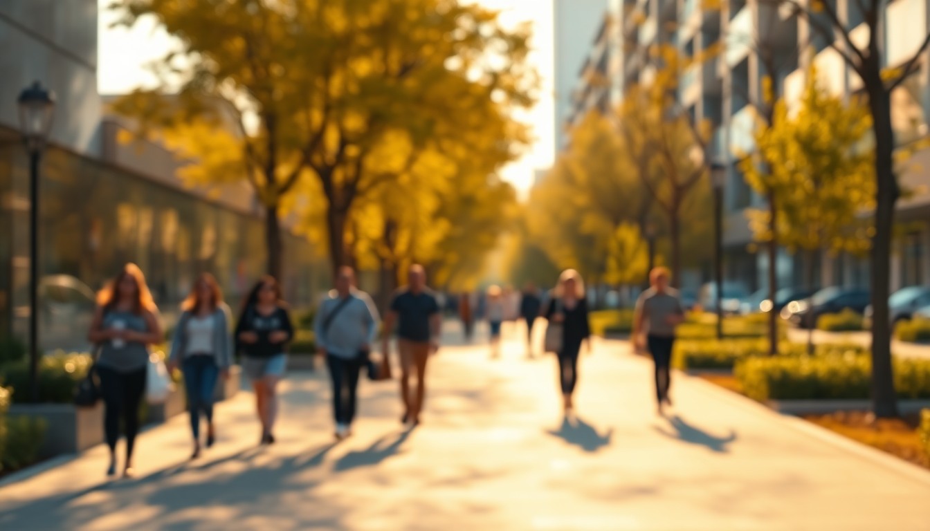 An abstract, impressionistic photograph of people walking on a new sidewalk, with the surrounding buildings and trees blurred into soft, golden light and color.