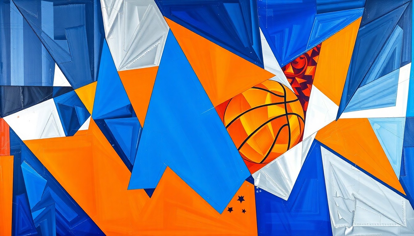 A cubist, fragmented painting depicting an NBA basketball game, with sharp geometric shapes in blue, orange, and silver representing the intense action on the court.