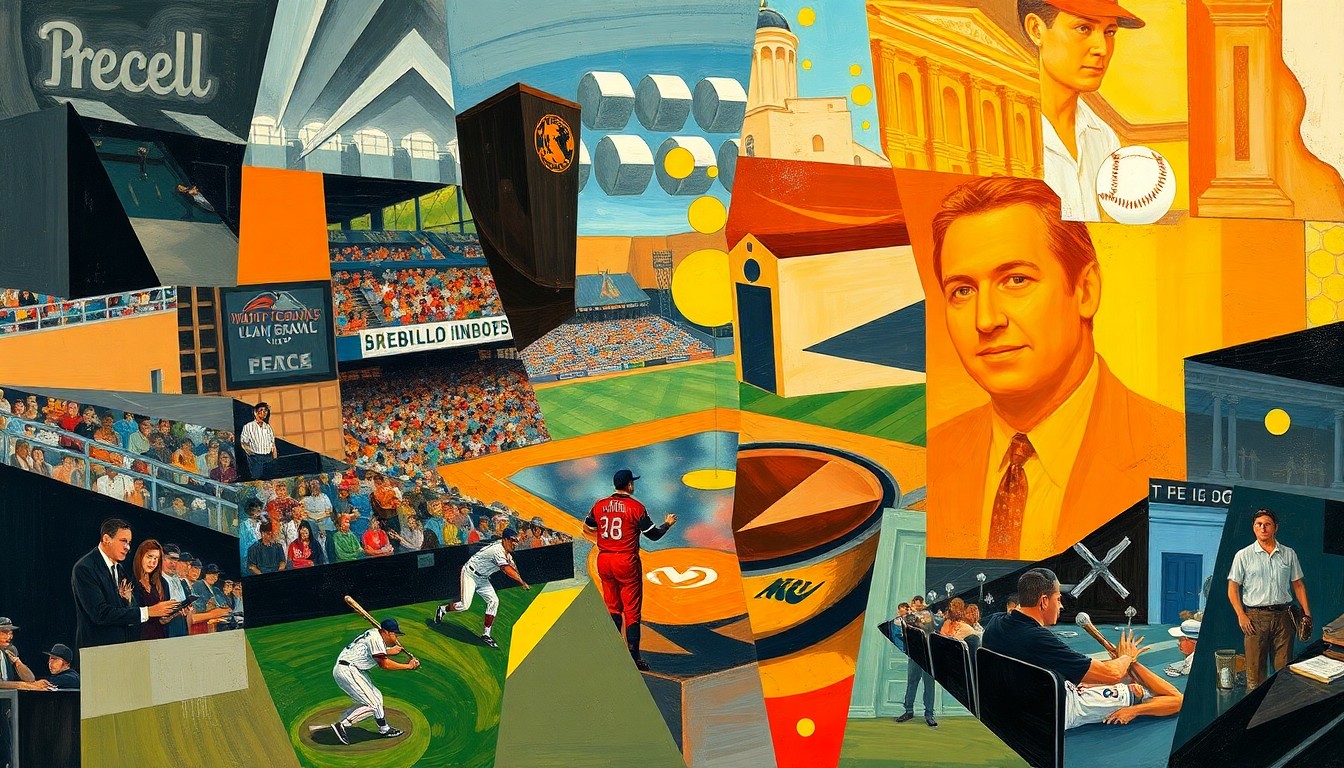 A cubist, geometric painting depicting a baseball game or match broken down into sharp, overlapping planes of color and shape, representing the fragmented nature of the Orioles' offensive performance against the Guardians.