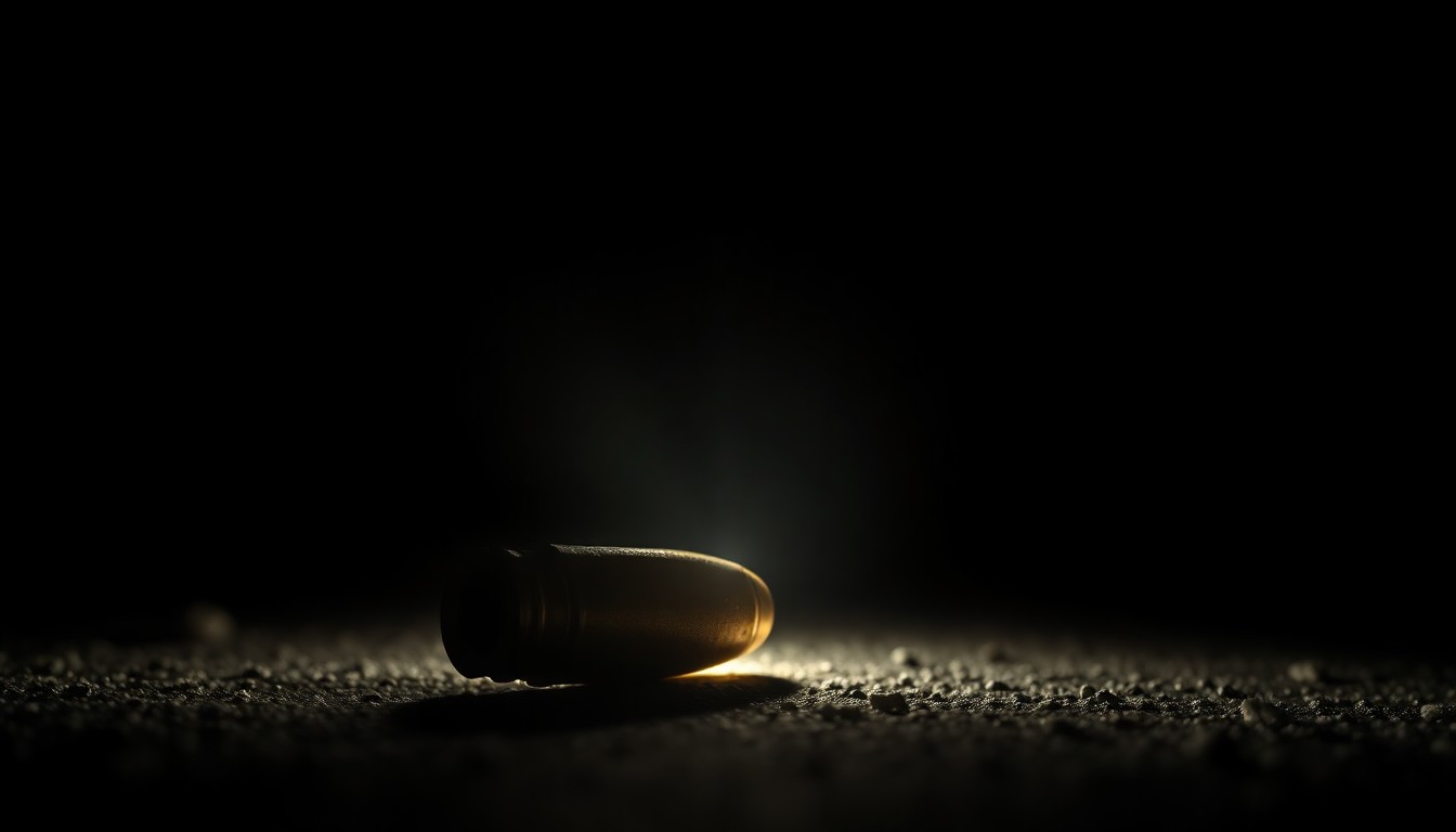 An extreme close-up photograph of a spent bullet casing on the ground, lit by a harsh, direct camera flash against a pitch-black background, conveying a stark, gritty, investigative aesthetic.