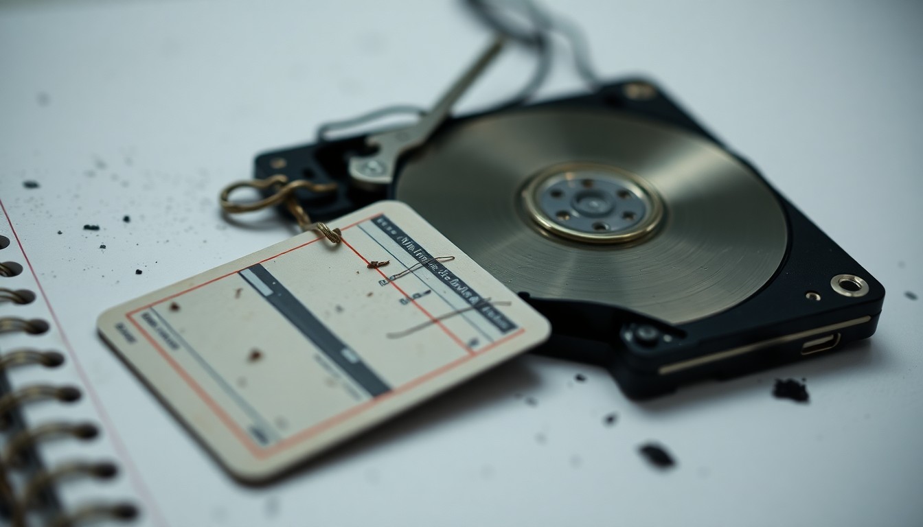 An extreme close-up photograph of a cracked and partially burned computer hard drive, conceptually representing the federal investigation into the disappearances and deaths of top scientists.